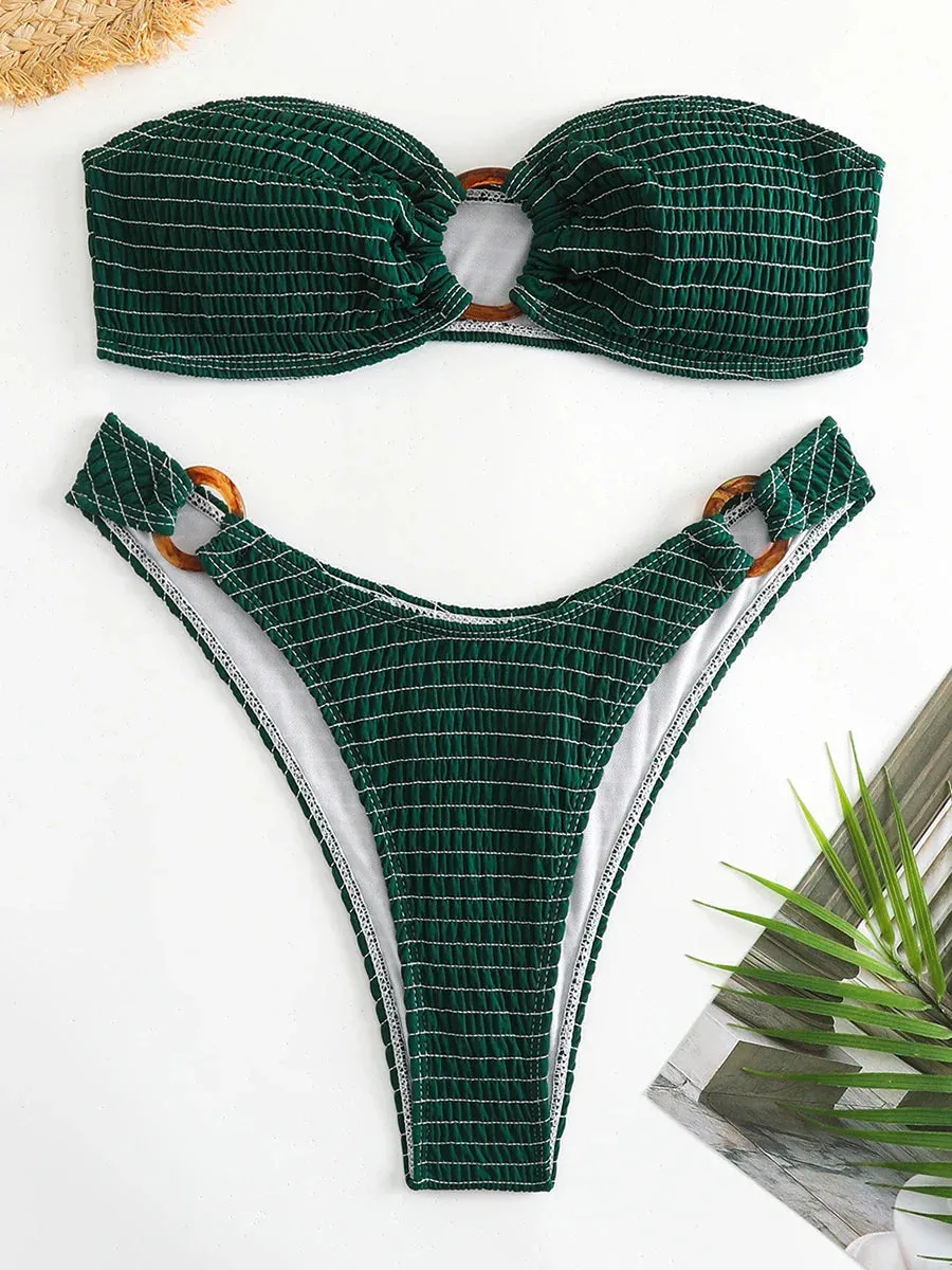 Ring-Linked Beachwear Women's Textured Bandeau Bra & Bikini Set