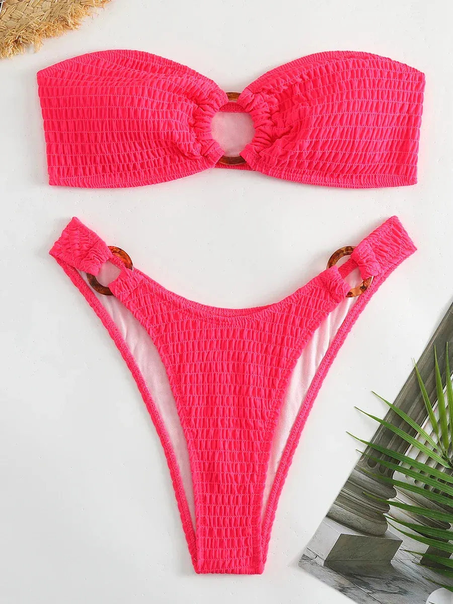 Ring-Linked Beachwear Women's Textured Bandeau Bra & Bikini Set