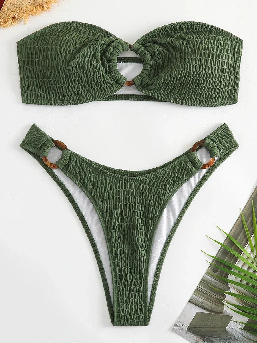 Ring-Linked Beachwear Women's Textured Bandeau Bra & Bikini Set