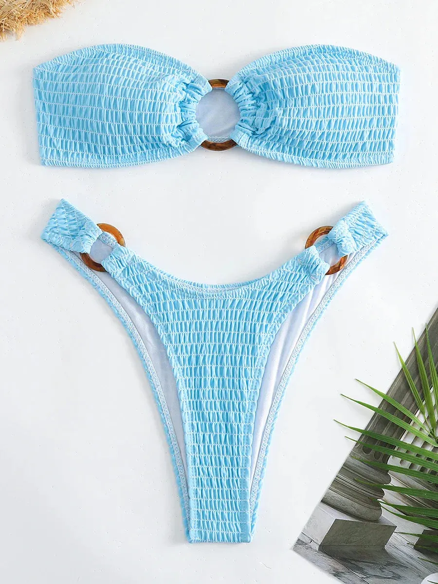Ring-Linked Beachwear Women's Textured Bandeau Bra & Bikini Set