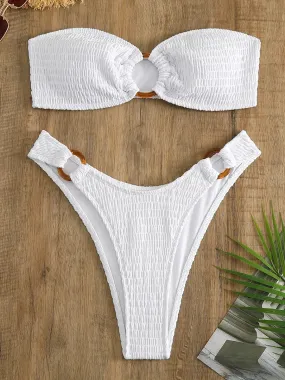 Ring-Linked Beachwear Women's Textured Bandeau Bra & Bikini Set