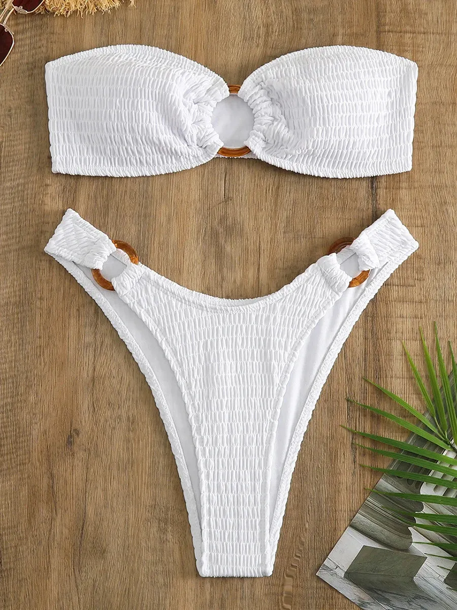Ring-Linked Beachwear Women's Textured Bandeau Bra & Bikini Set