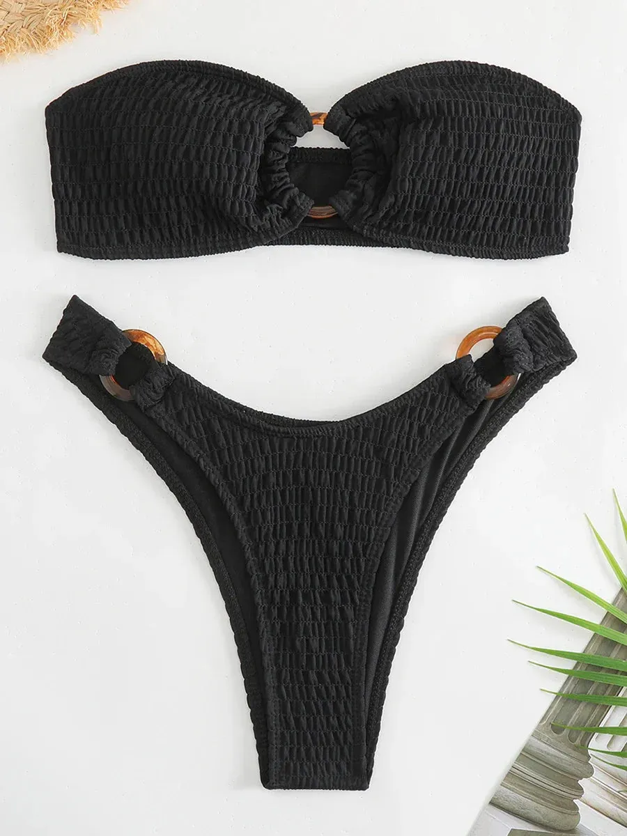 Ring-Linked Beachwear Women's Textured Bandeau Bra & Bikini Set