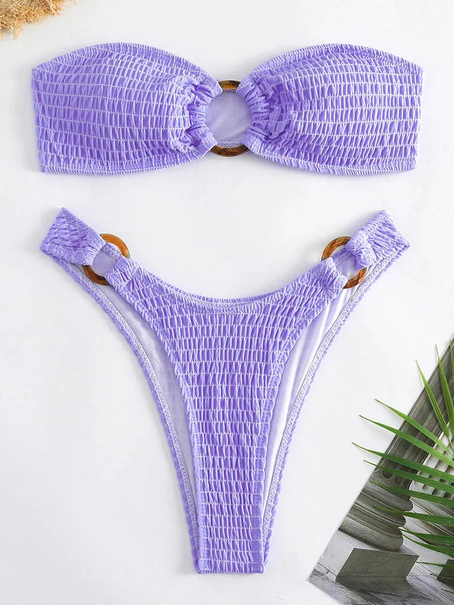 Ring-Linked Beachwear Women's Textured Bandeau Bra & Bikini Set