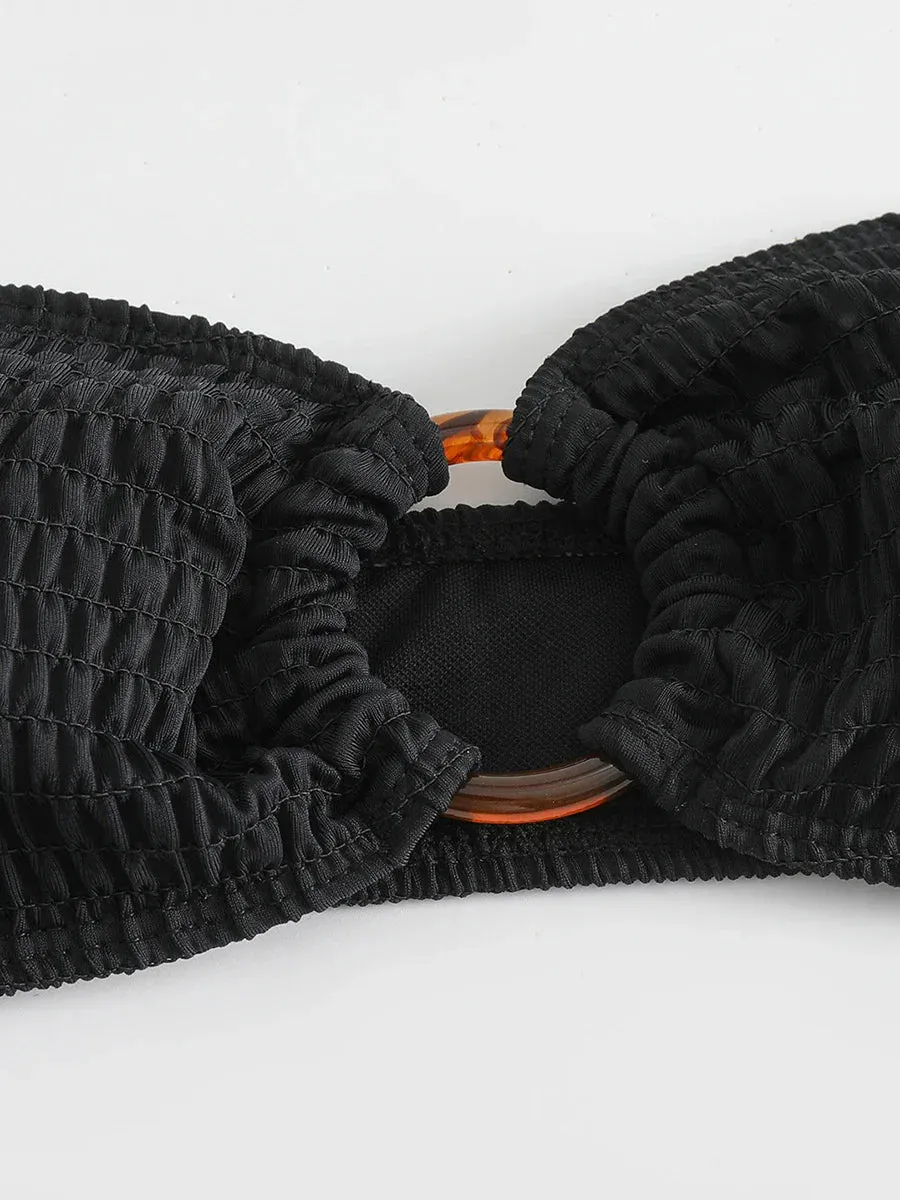 Ring-Linked Beachwear Women's Textured Bandeau Bra & Bikini Set