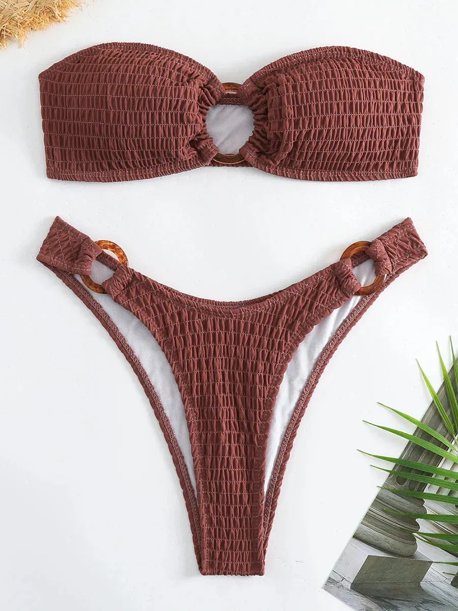 Ring-Linked Beachwear Women's Textured Bandeau Bra & Bikini Set