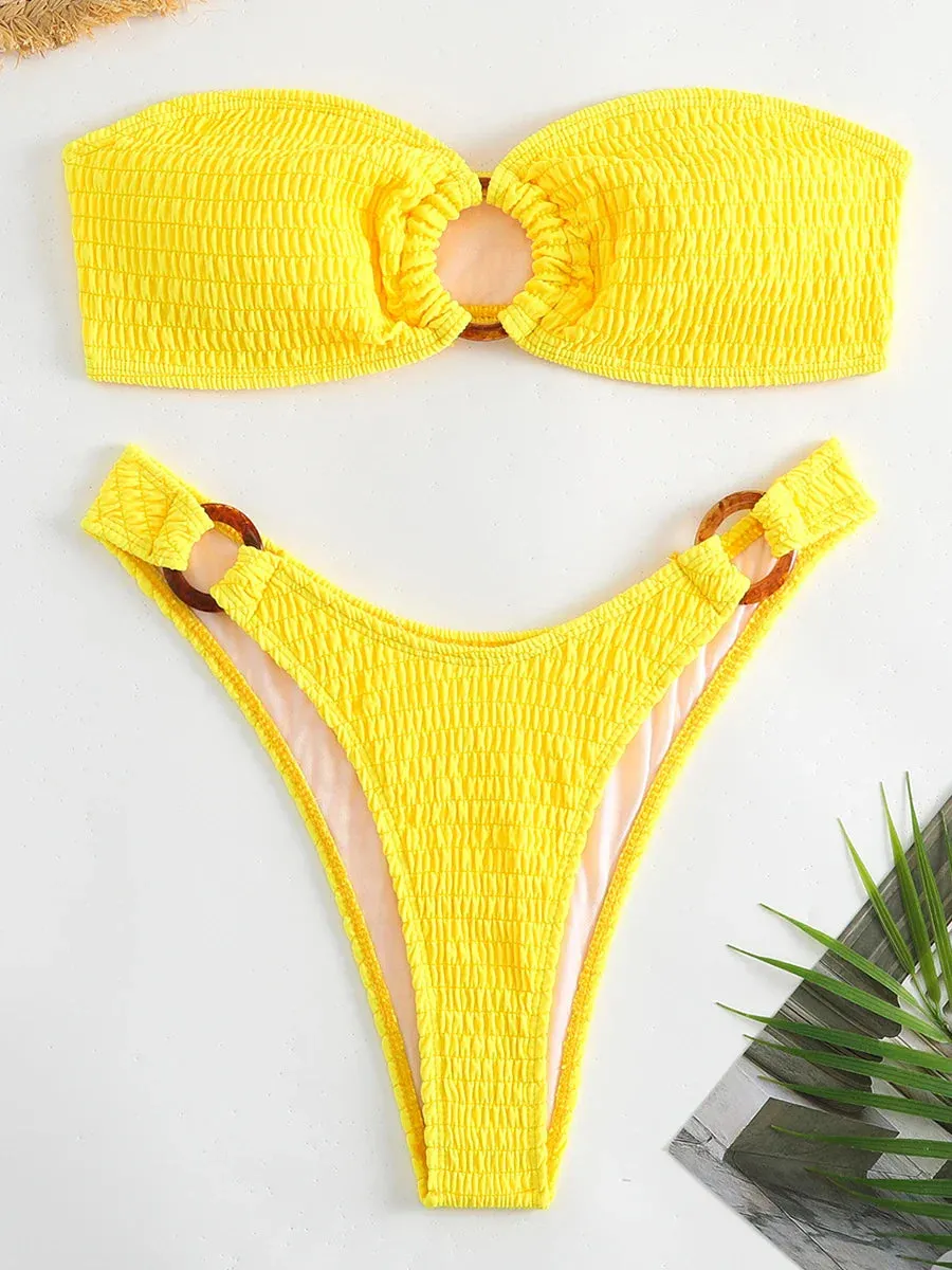 Ring-Linked Beachwear Women's Textured Bandeau Bra & Bikini Set