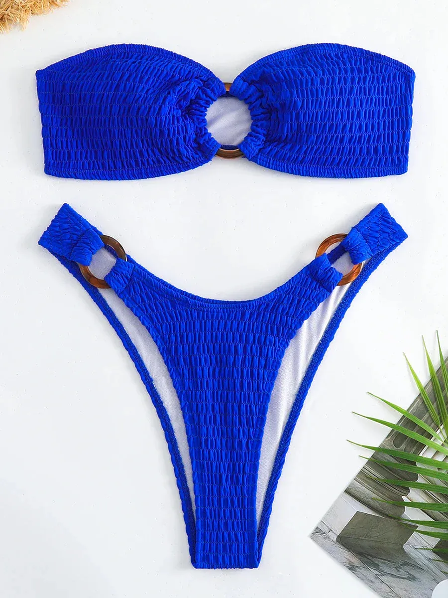 Ring-Linked Beachwear Women's Textured Bandeau Bra & Bikini Set