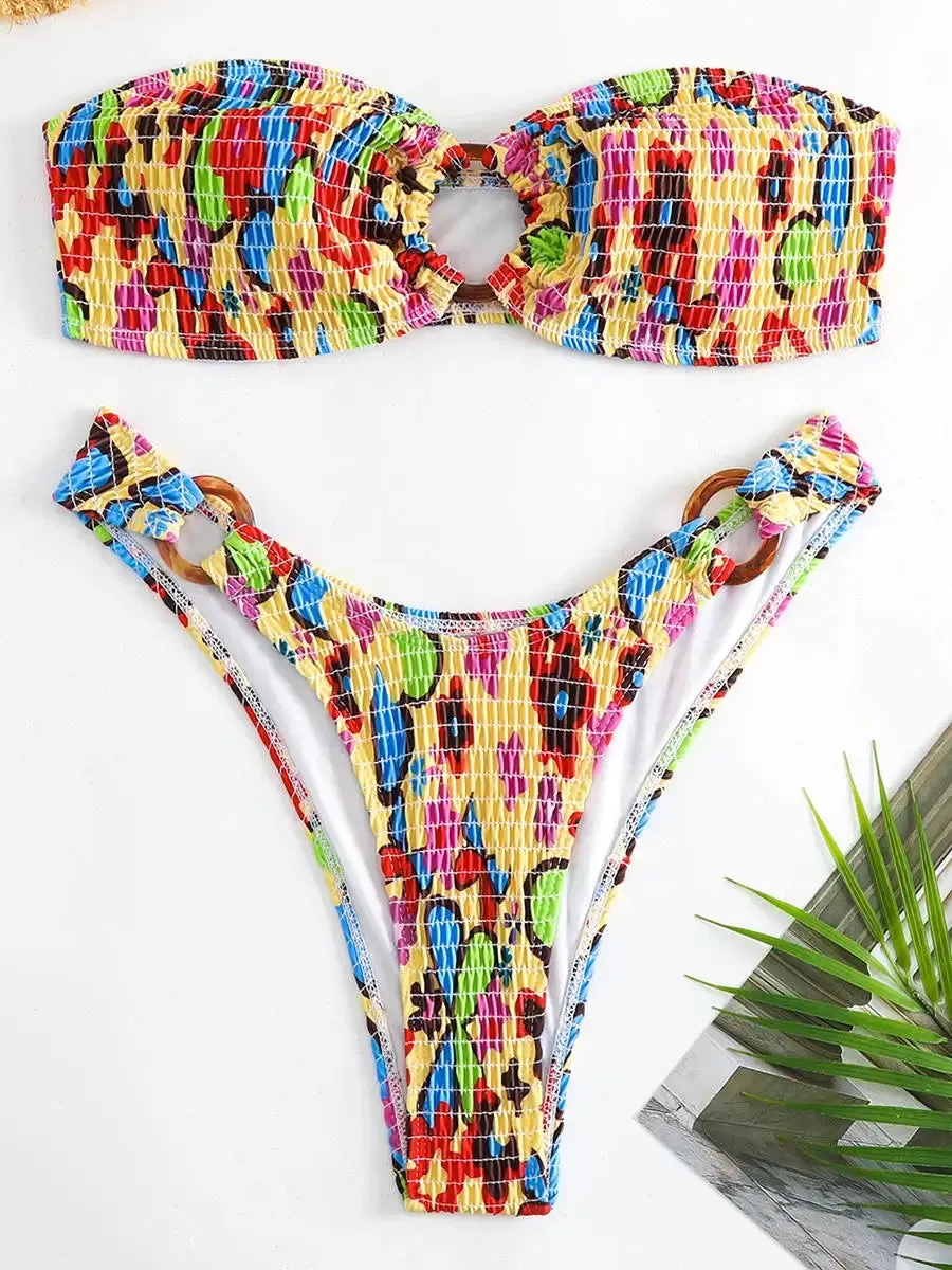 Ring-Linked Beachwear Women's Textured Bandeau Bra & Bikini Set