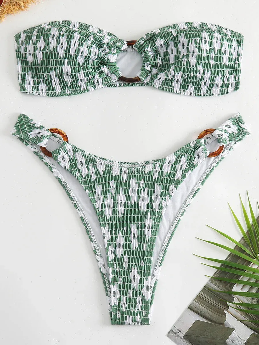 Ring-Linked Beachwear Women's Textured Bandeau Bra & Bikini Set