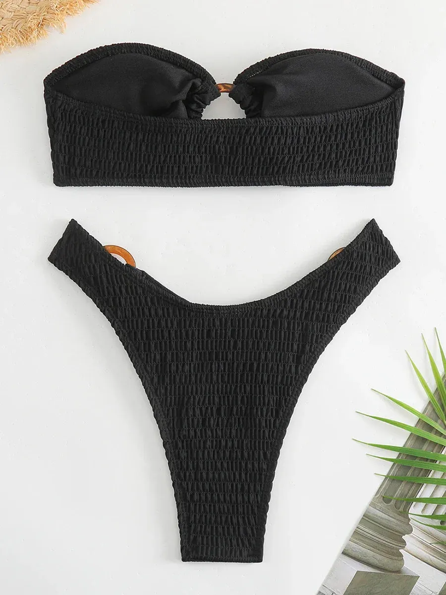Ring-Linked Beachwear Women's Textured Bandeau Bra & Bikini Set
