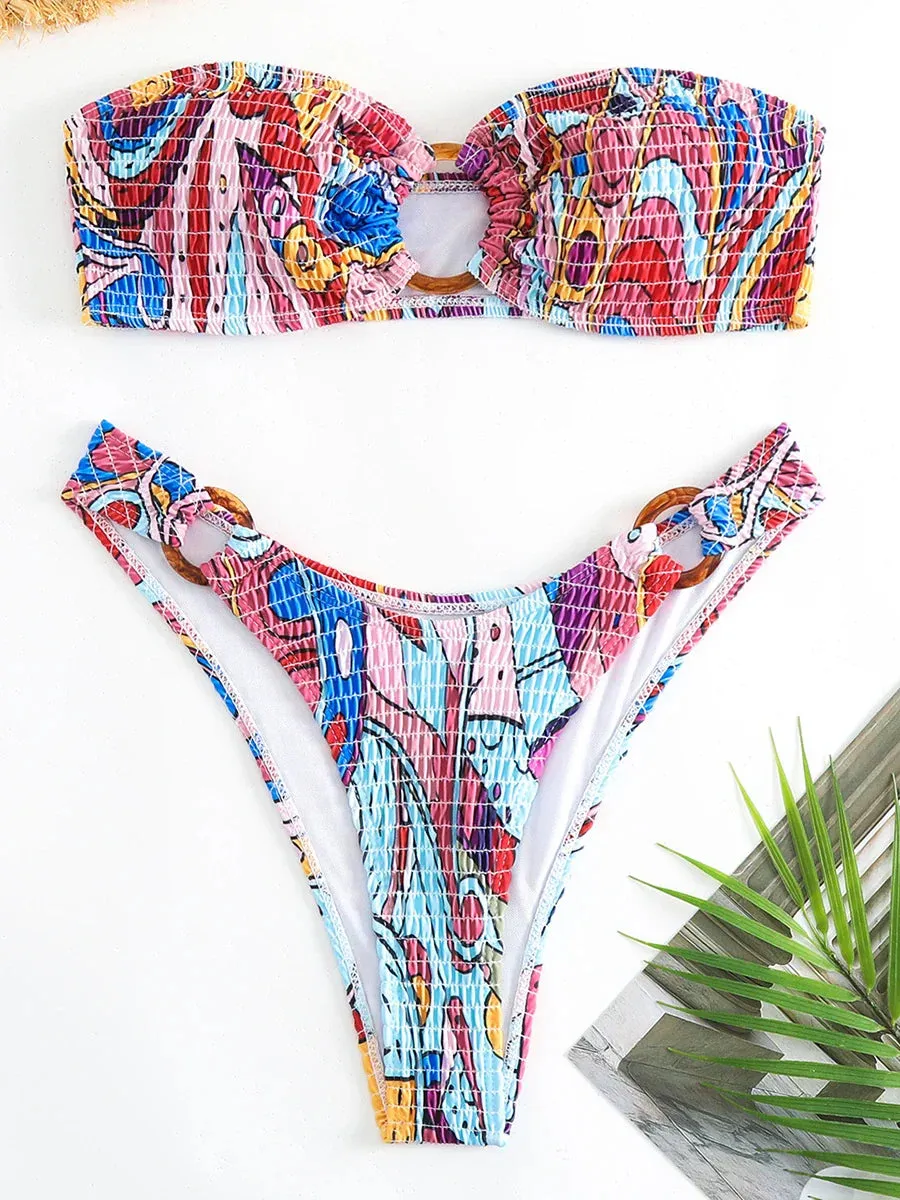 Ring-Linked Beachwear Women's Textured Bandeau Bra & Bikini Set
