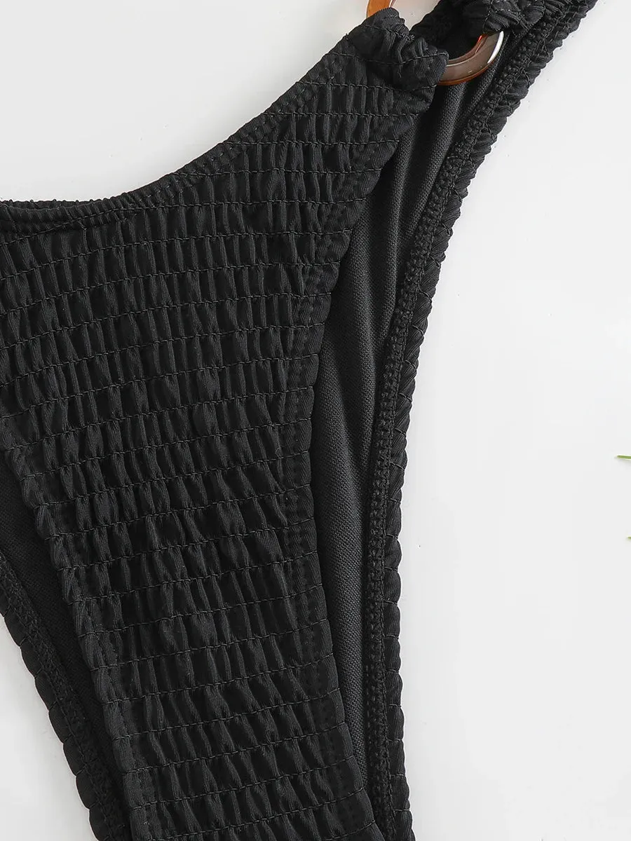 Ring-Linked Beachwear Women's Textured Bandeau Bra & Bikini Set