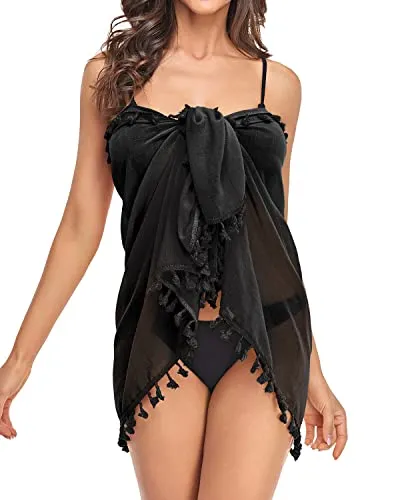 Semi Sheer Textured Chiffon Sarong Cover Ups For Women-Black
