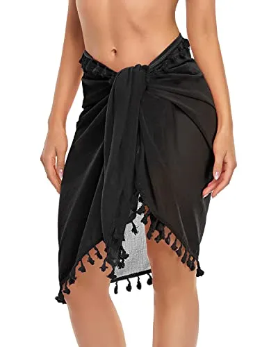 Semi Sheer Textured Chiffon Sarong Cover Ups For Women-Black