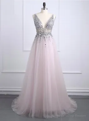 Sexy Prom Dresses Deep V Neck Backless Bead Crystal Party Gowns Sleeveless