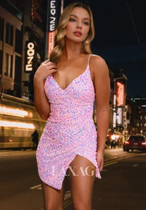 Spaghetti Straps V-Neck Backless Sequins Party Homecoming Dress with Slit