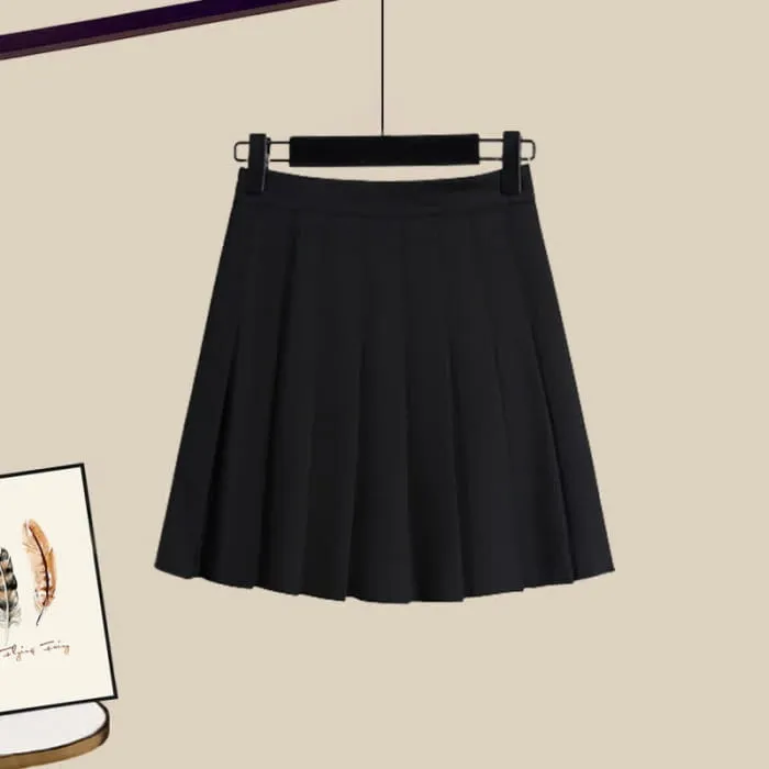 Sunflower Print Knit Vest Lapel Shirt Pleated Skirt