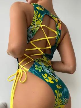 Tropical Paradise Women's Asymmetric Lace-Up Back One-Piece Swimwear