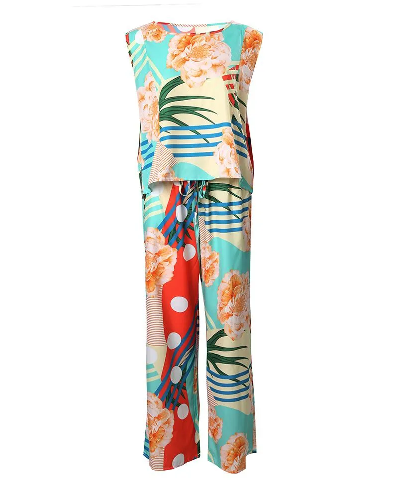Tropical Print Round Neck Top & Drawstring Pants Set