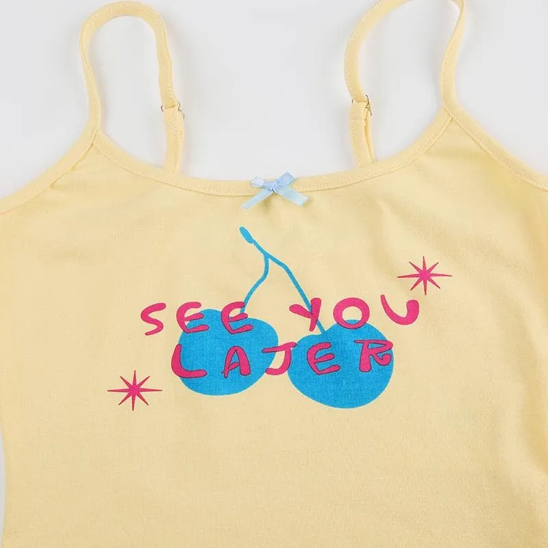 U neck letter print bowknot cami pant set