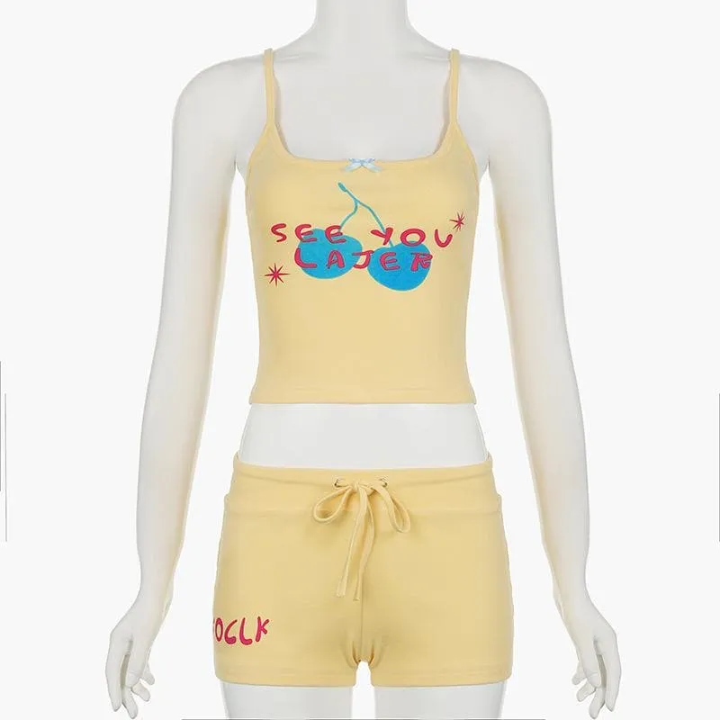 U neck letter print bowknot cami pant set