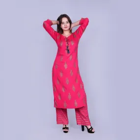 Vedana's Gold Print Kurta Set (Pink)