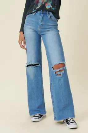 Vibrant M.i.U Distressed Wide Fit Jeans- Medium Stone