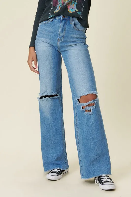 Vibrant M.i.U Distressed Wide Fit Jeans- Medium Stone