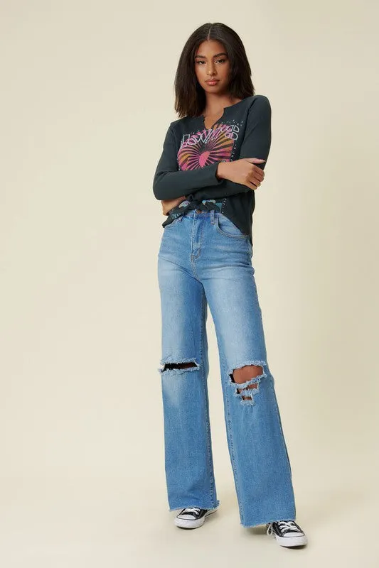 Vibrant M.i.U Distressed Wide Fit Jeans- Medium Stone