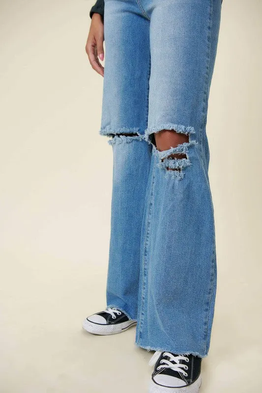 Vibrant M.i.U Distressed Wide Fit Jeans- Medium Stone