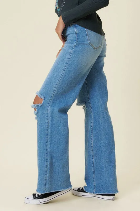 Vibrant M.i.U Distressed Wide Fit Jeans- Medium Stone