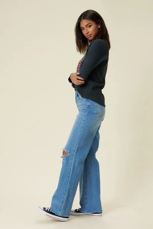 Vibrant M.i.U Distressed Wide Fit Jeans- Medium Stone