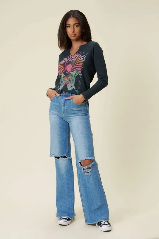 Vibrant M.i.U Distressed Wide Fit Jeans- Medium Stone