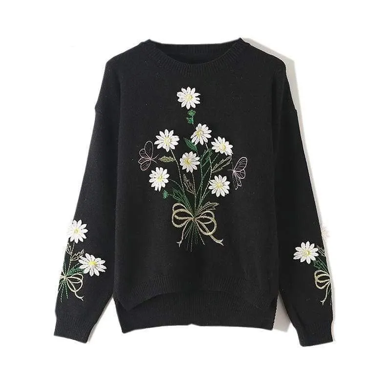 VINTAGE FLORAL EMBROIDERED KNITTED SWEATER