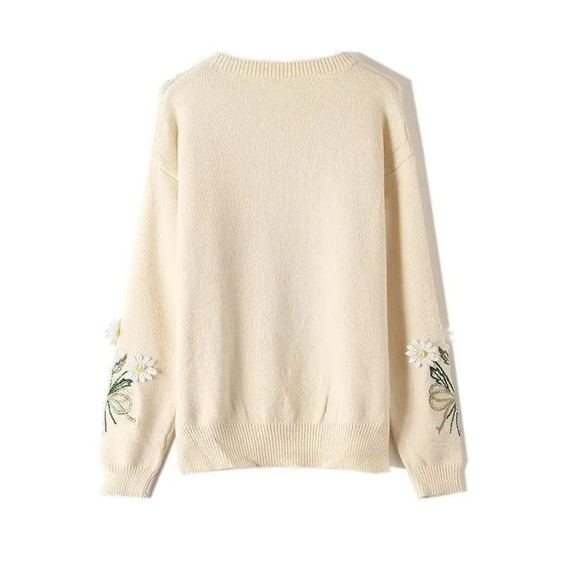 VINTAGE FLORAL EMBROIDERED KNITTED SWEATER