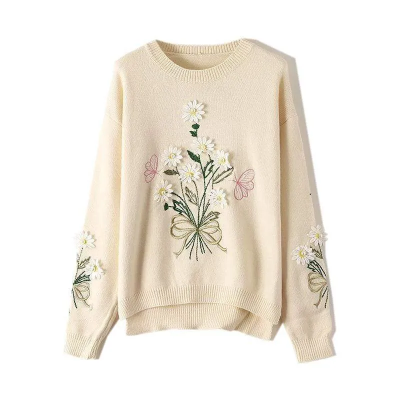 VINTAGE FLORAL EMBROIDERED KNITTED SWEATER