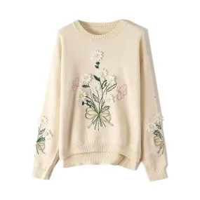 VINTAGE FLORAL EMBROIDERED KNITTED SWEATER