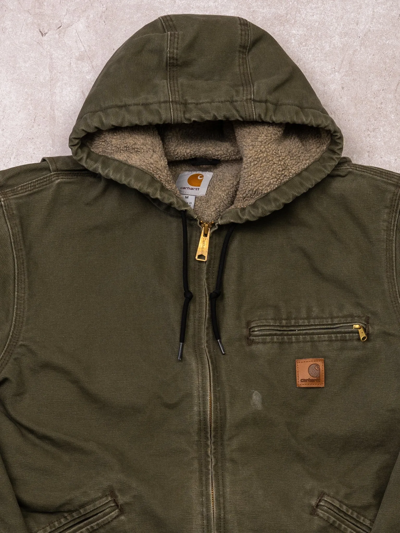 Vintage Green Carhartt Duck Sherpa Lined Jacket (M)