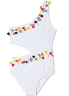 White Side-Cut Swimsuit with Pom Poms